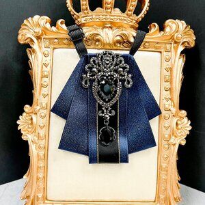 Blue crystal bowtie, Kid's Necktie, Black Crystal Brooch, Kids Size, 2 in 1